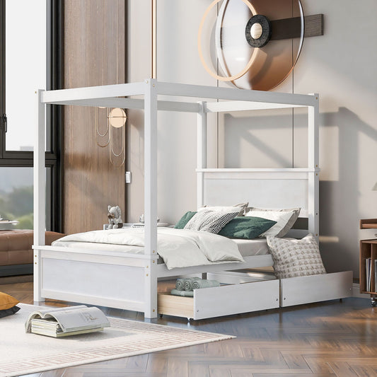 White wood canopy bed with two storage drawers, full-size platform frame