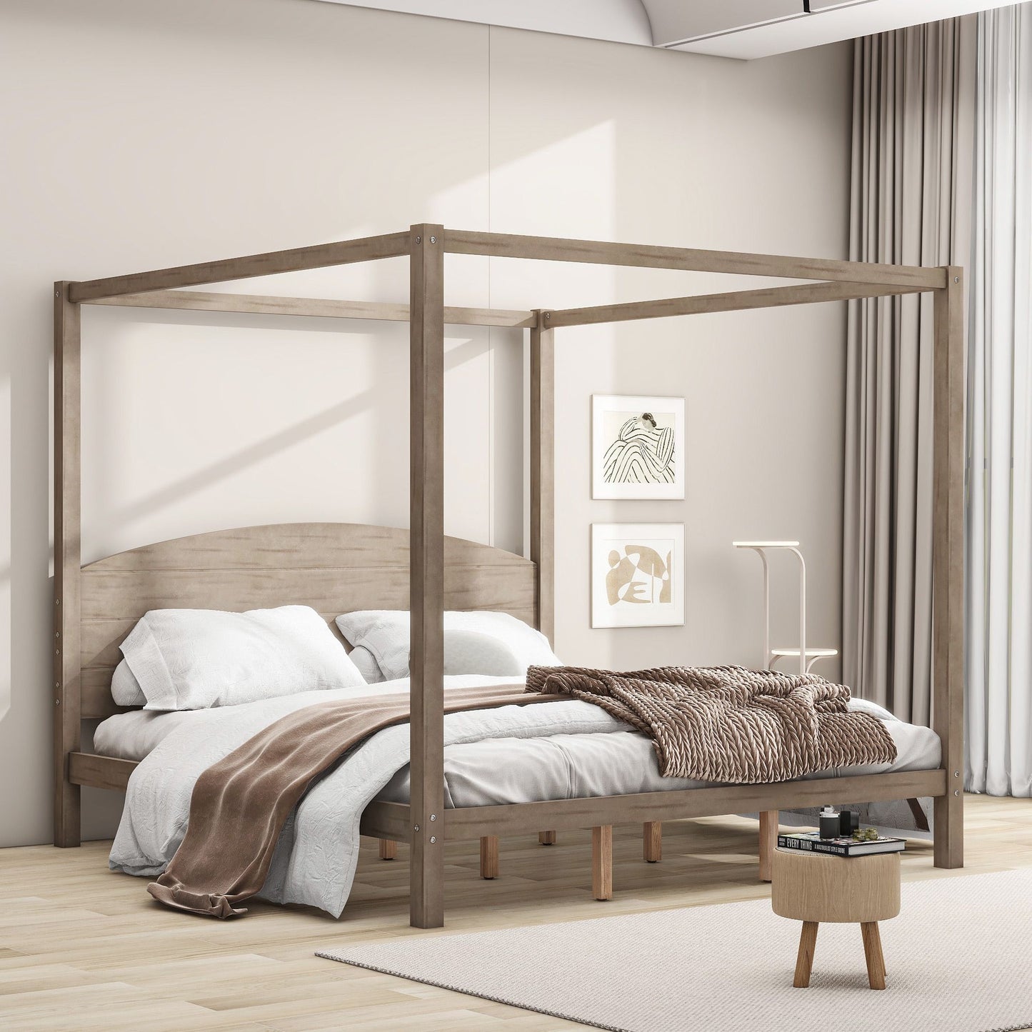 King size canopy platform bed in brown wash wood with headboard and support legs.