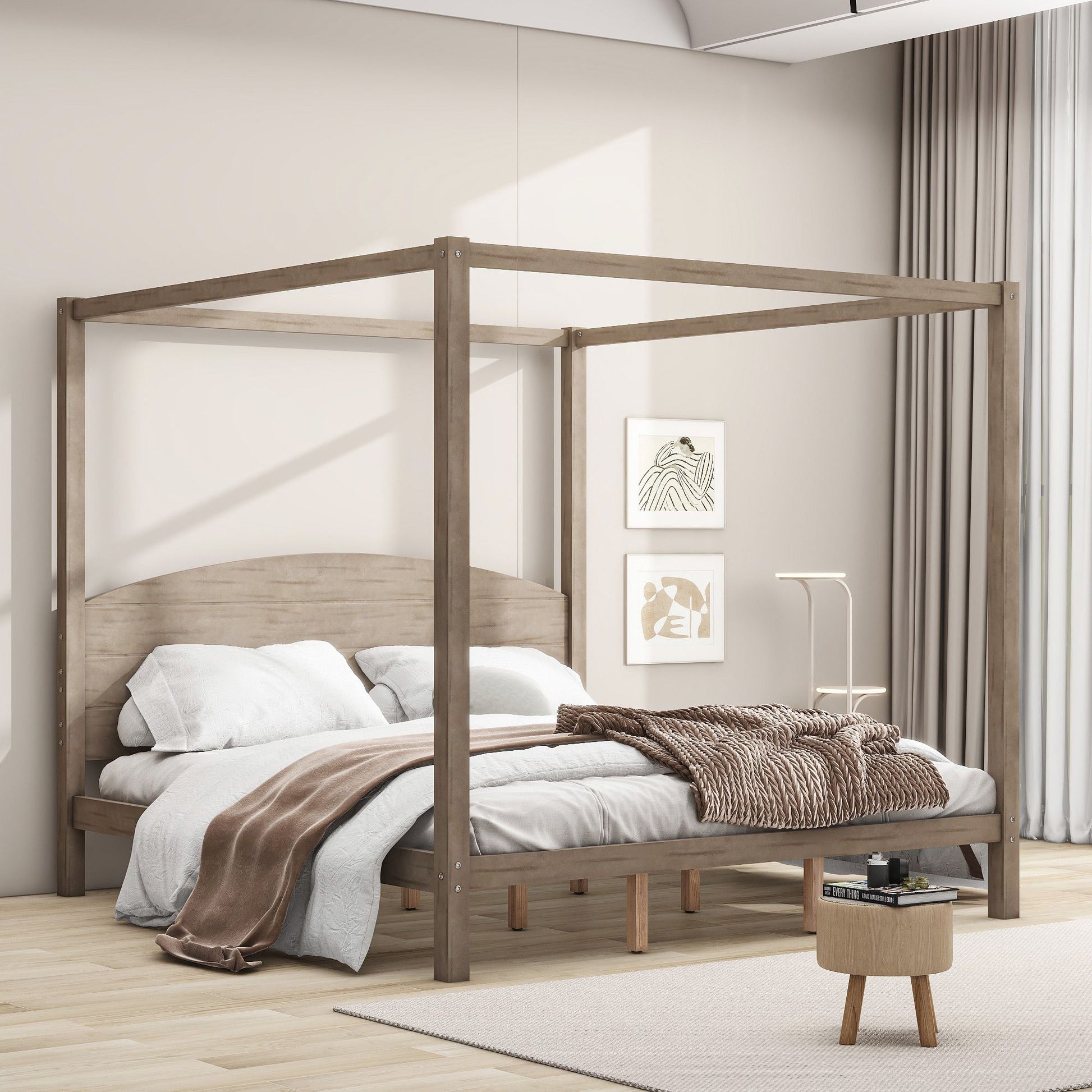 King size canopy platform bed in brown wash wood with headboard and support legs.