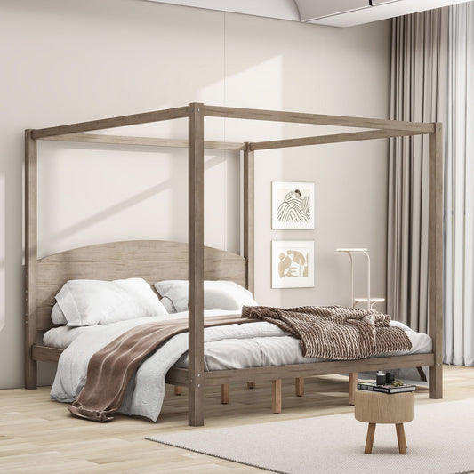 King size canopy platform bed in brown wash wood with headboard and support legs.