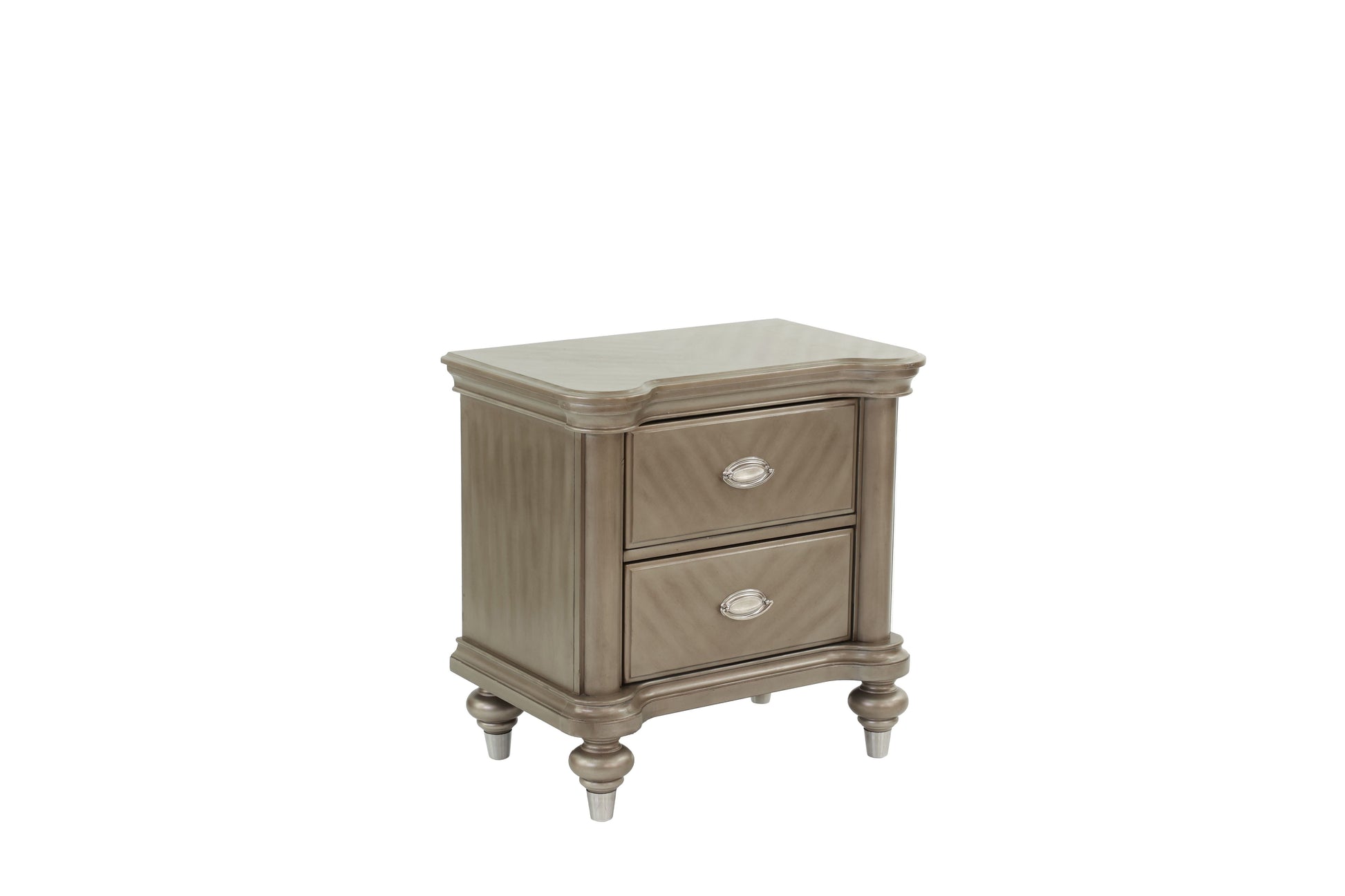 Nightstand in champagne finish, three-drawer with curved edges and silver oval pulls
