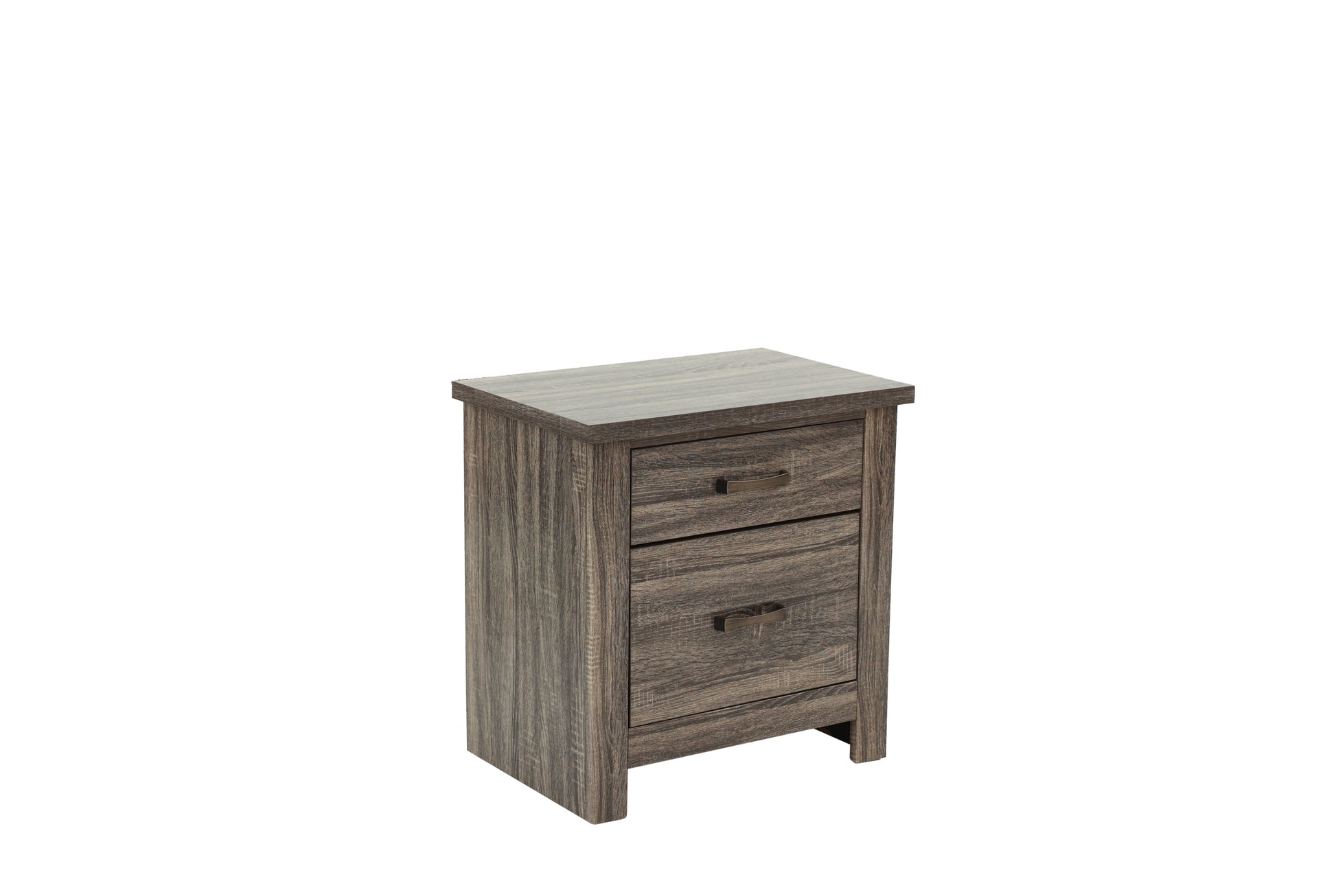 NIGHTSTAND in Gray Oak finish by Doba with two drawers and dark metal handles
