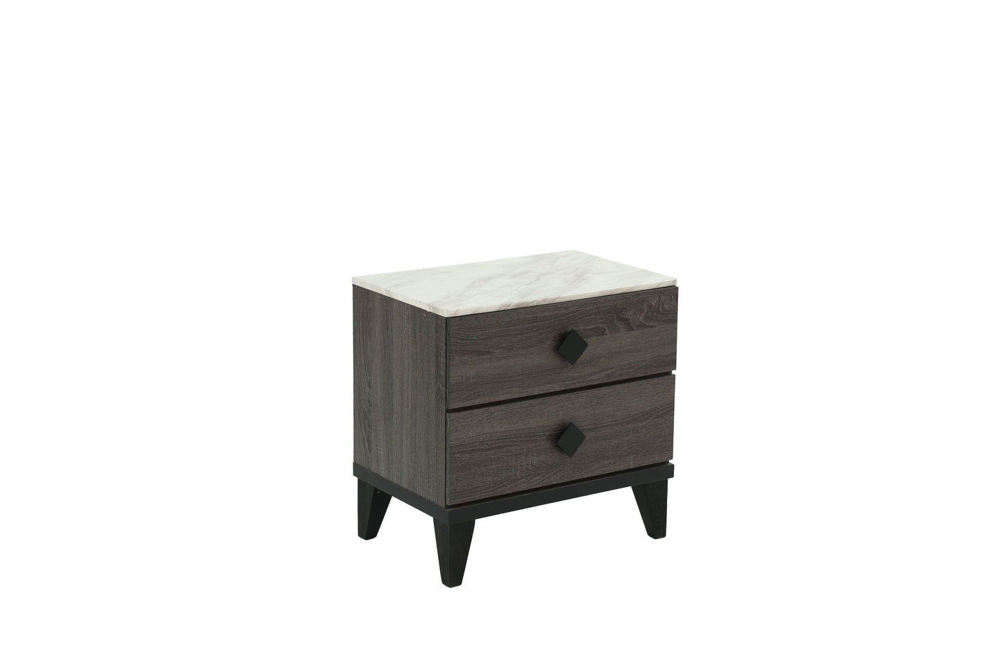 Nightstand in dark gray oak with white marble top, three drawers with square black knobs, by Doba.
