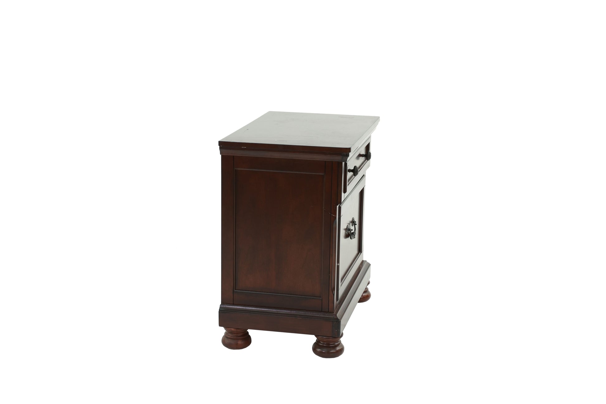 Nightstand antique cherry wood by Doba; dark-stained cabinet with paneled front, side drawers and rounded bun feet
