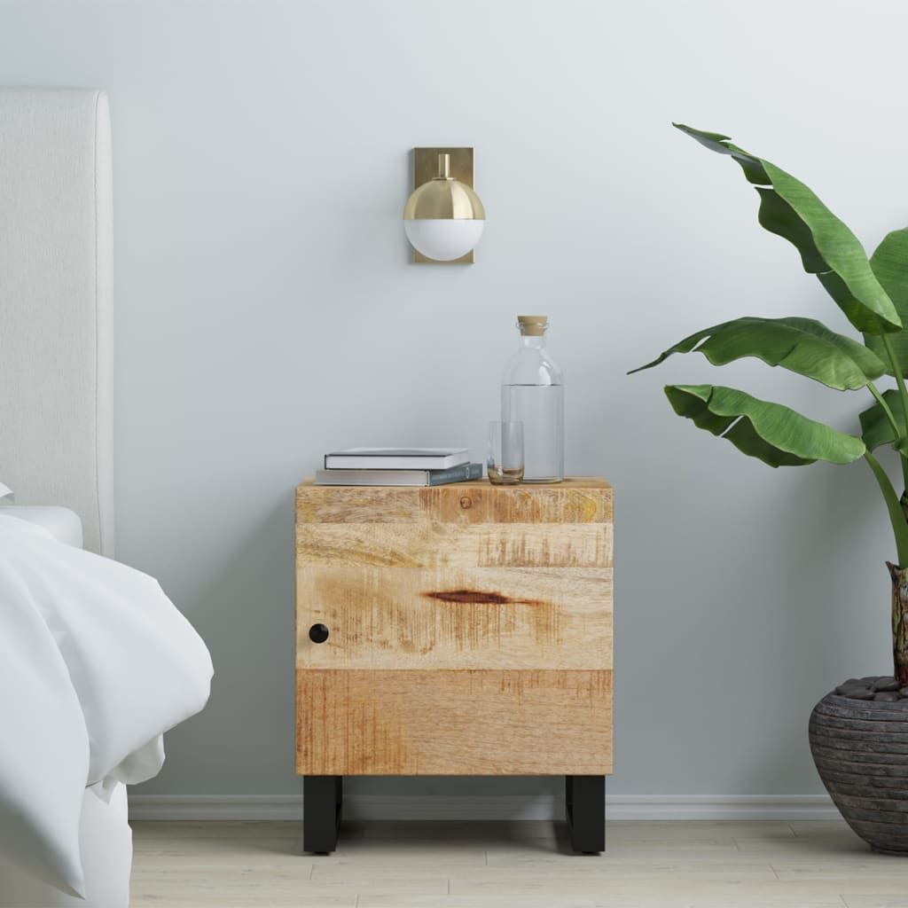 Bedside cabinet natural mango wood with black iron legs, compact design