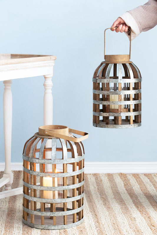 Decorative wooden lanterns with handles and metal bands, candle-lit for indoor or outdoor home garden decor (2 lanterns)