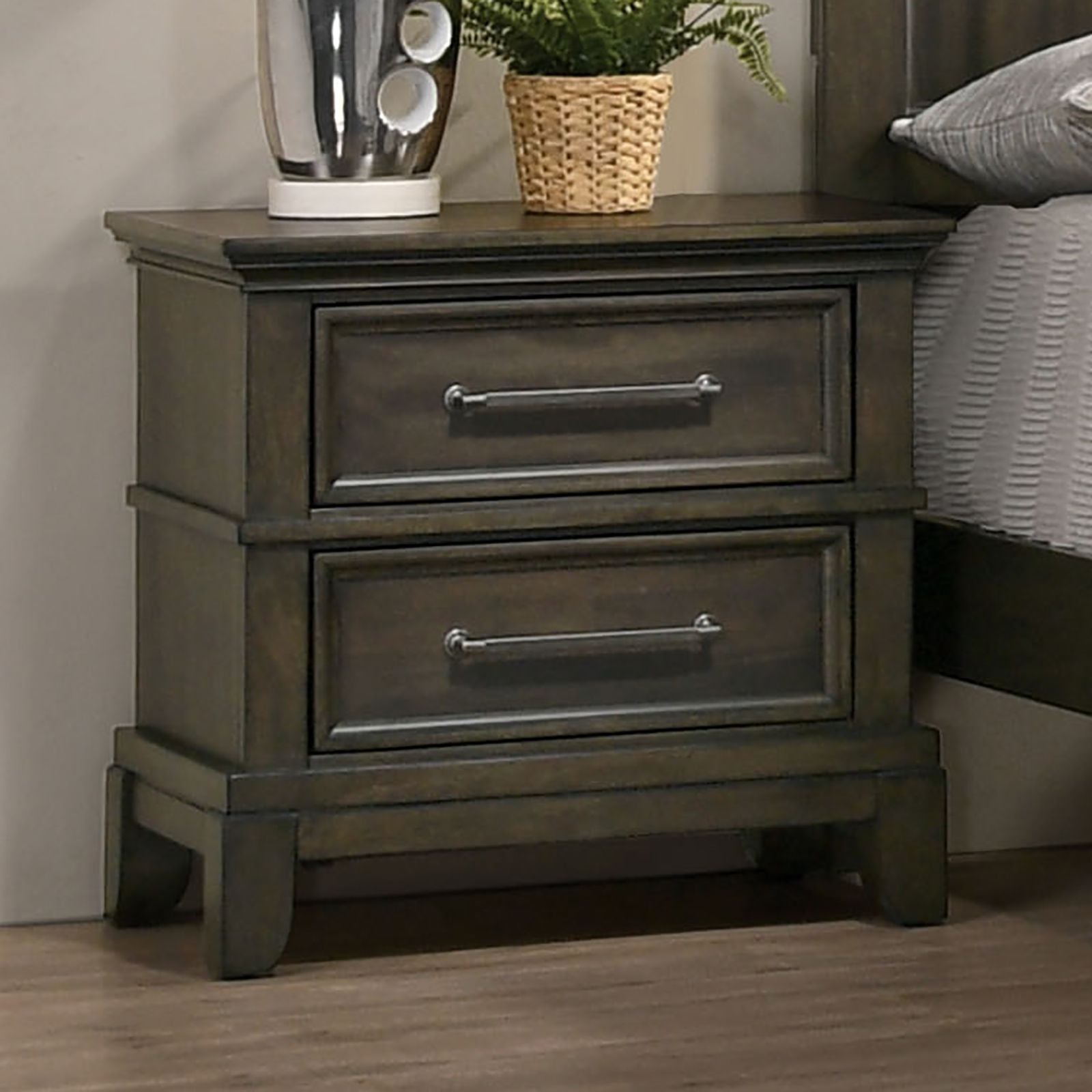 Nightstand, gray solid wood veneer with crown molding, pewter bar pulls, 2-drawer bedroom furniture by Doba