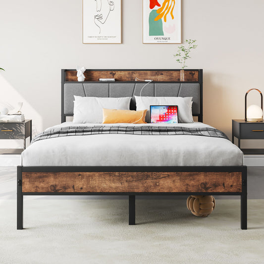 Full-size bed frame with vintage brown wood headboard and gray upholstered panels, black metal frame