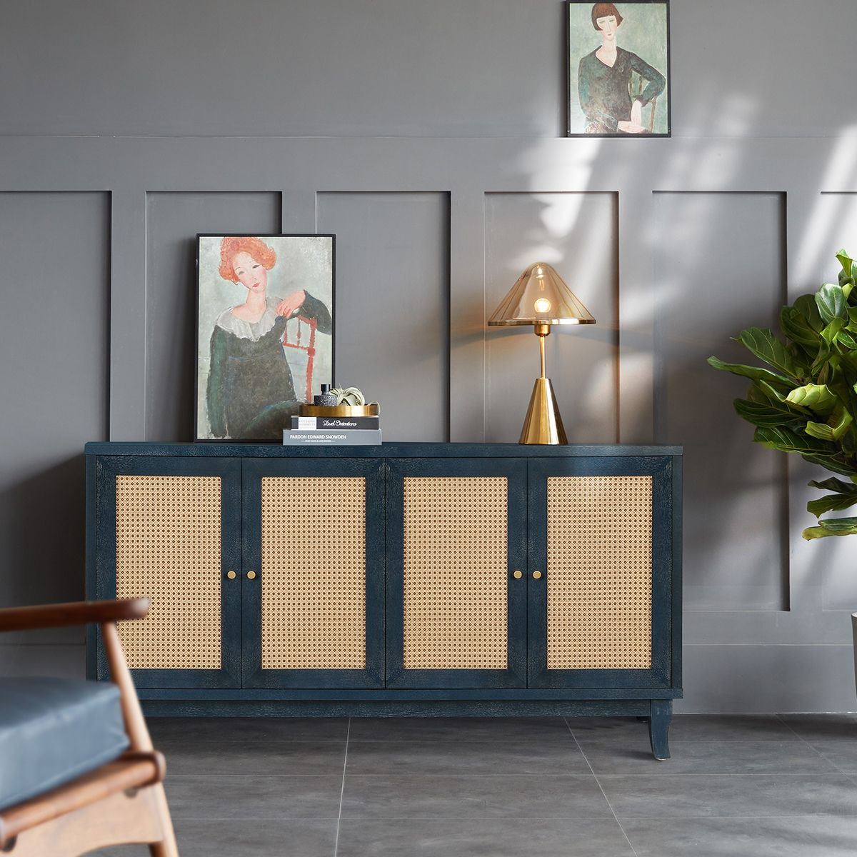 Doba handcrafted rattan-front sideboard cabinet in navy blue with four cane-panel doors and brass knobs.