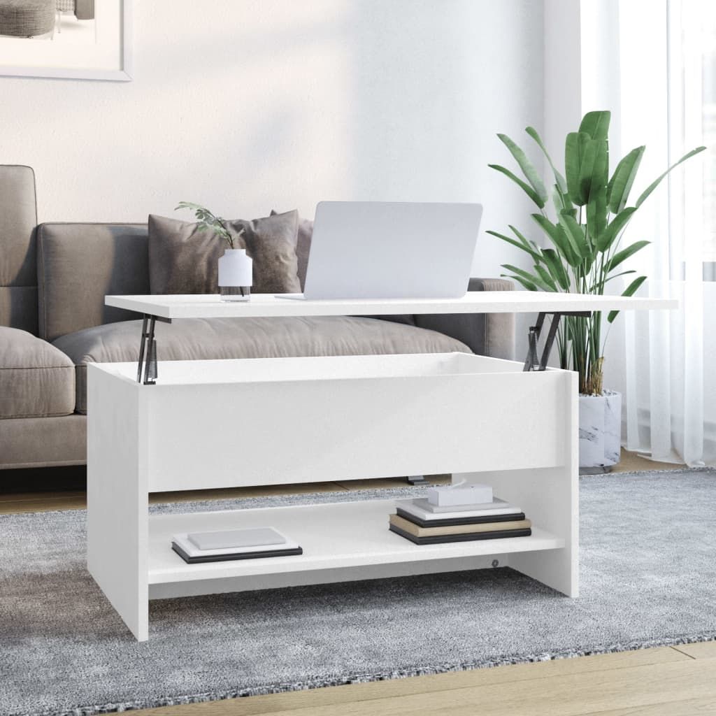 Coffee table white engineered wood with lift-top, metal supports, and lower shelf.
