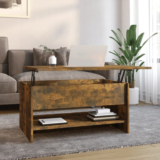 Coffee table smoked oak engineered wood with lift-top and lower storage shelf.