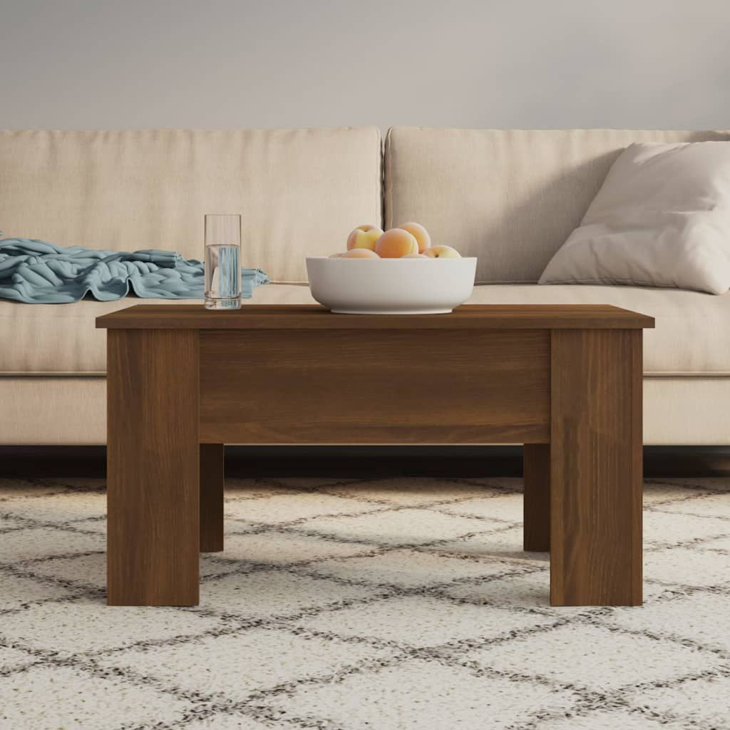 Coffee table brown oak engineered wood with thick rectangular legs in a living room setting