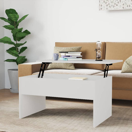 Coffee table in white high-gloss engineered wood with lift-top mechanism for a modern living room