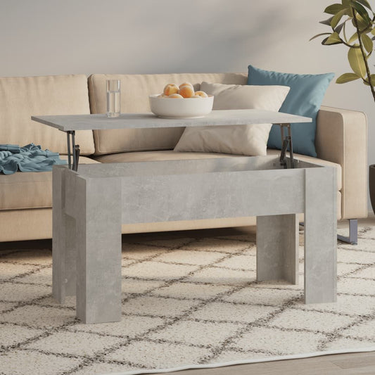 Coffee table in concrete gray engineered wood with a medium lift-top sliding top.