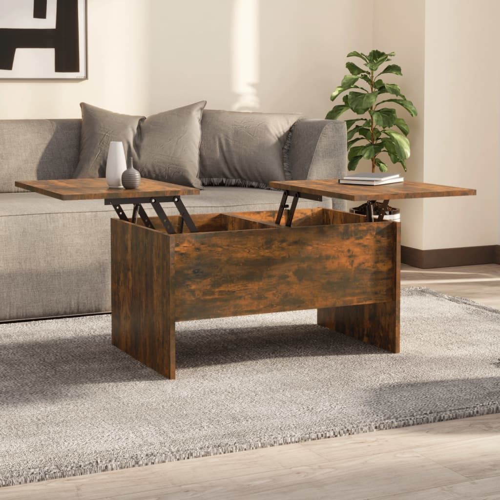 Coffee table smoked oak engineered wood medium with dual lift-top panels and storage base by Doba