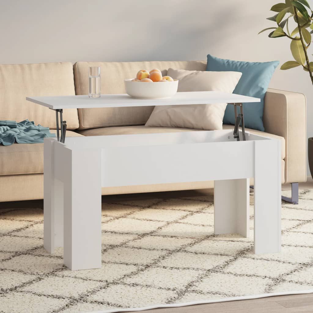 White engineered-wood lift-top coffee table, medium size with adjustable height, shown in a living room.