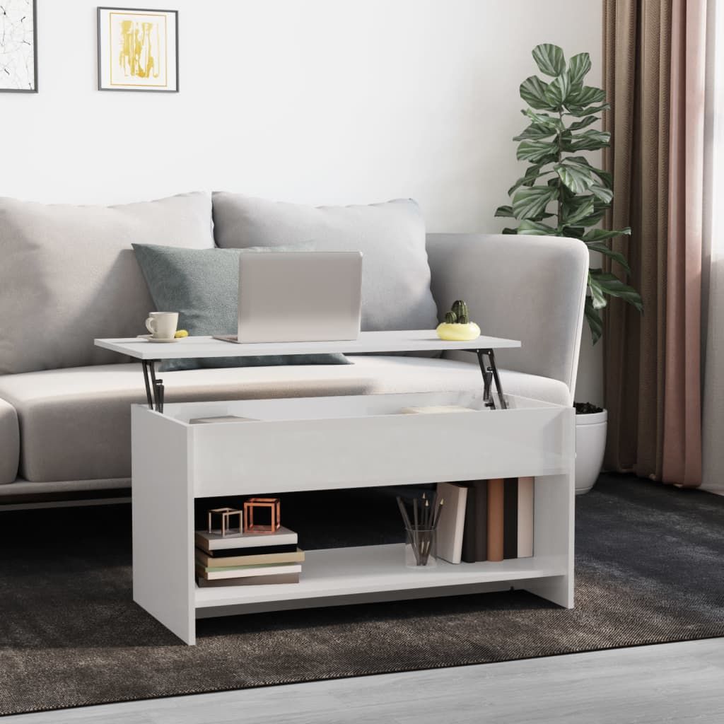 Coffee table with lift-top, high-gloss white finish, engineered wood, medium size with lower storage shelf