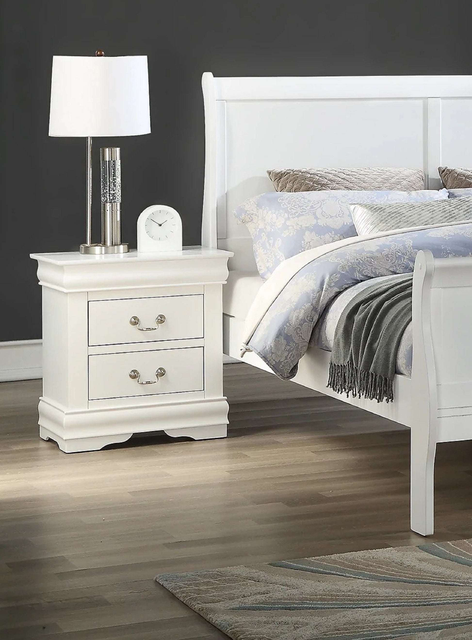Louis Philip white nightstand with two drawers, solid wood, contemporary style by Doba