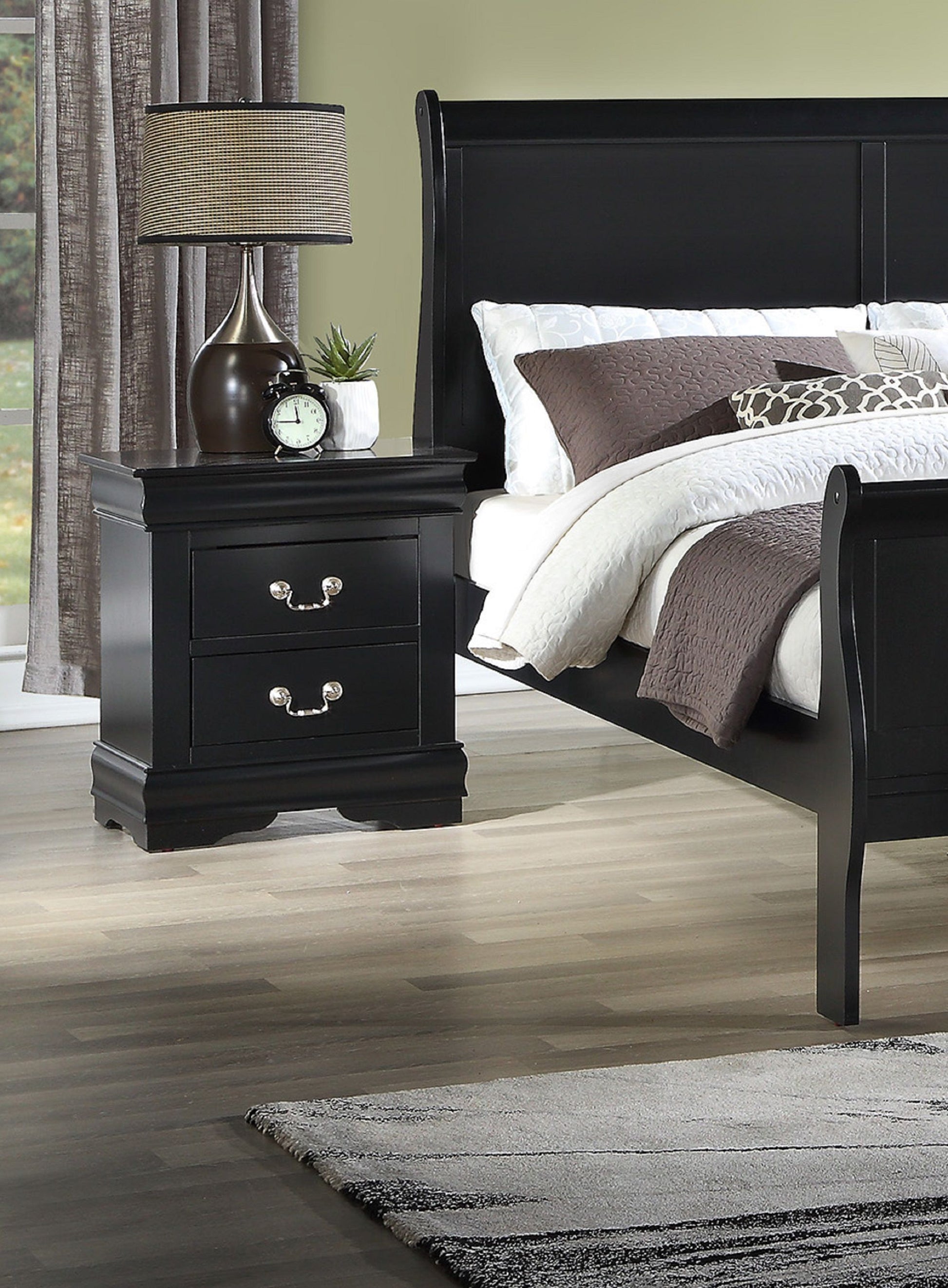 Doba Louis Philip nightstand, black finish, two-drawer solid wood bedside table.
