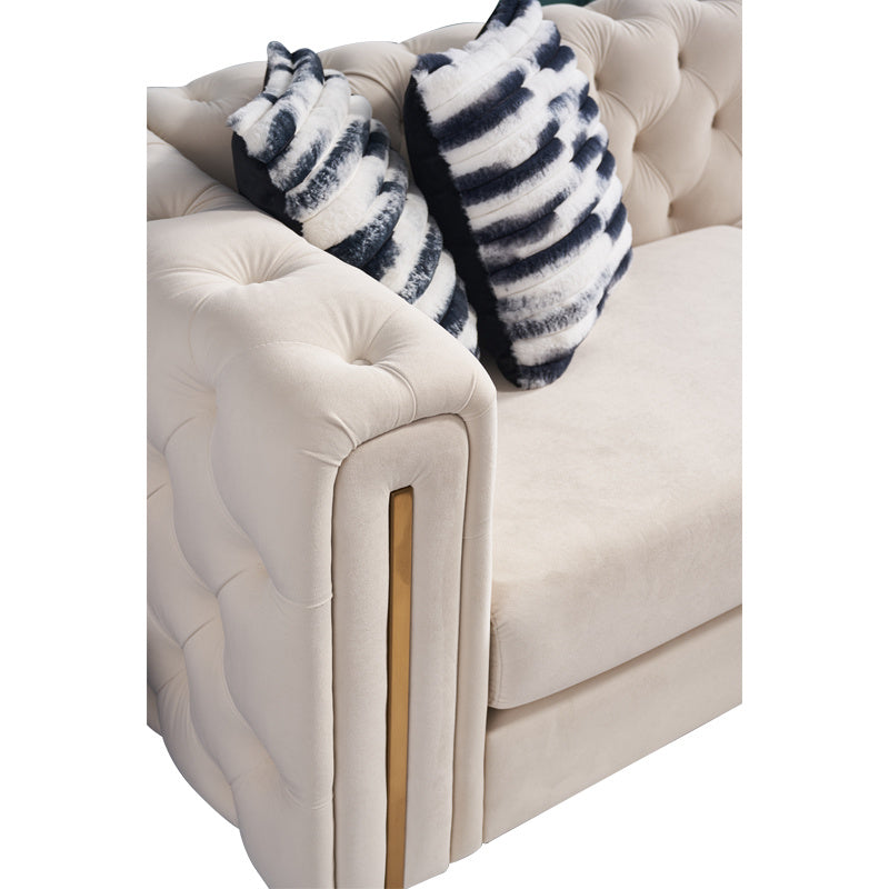 Chesterfield modern tufted velvet sofa, cream, 84.25-inch wide, with gold trim and striped cushions