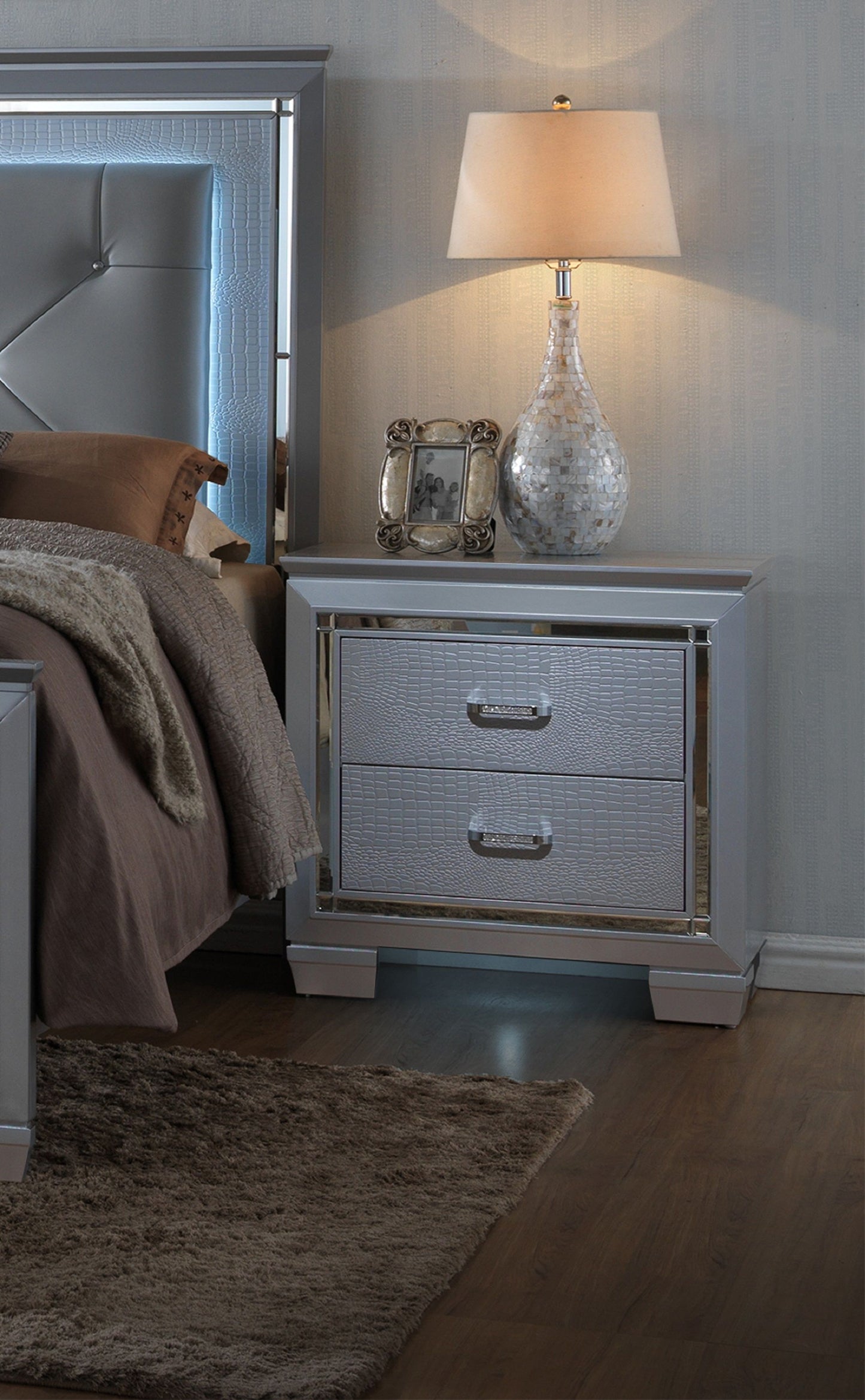 Nightstand in modern glam style with silver crocodile finish and mirrored trim