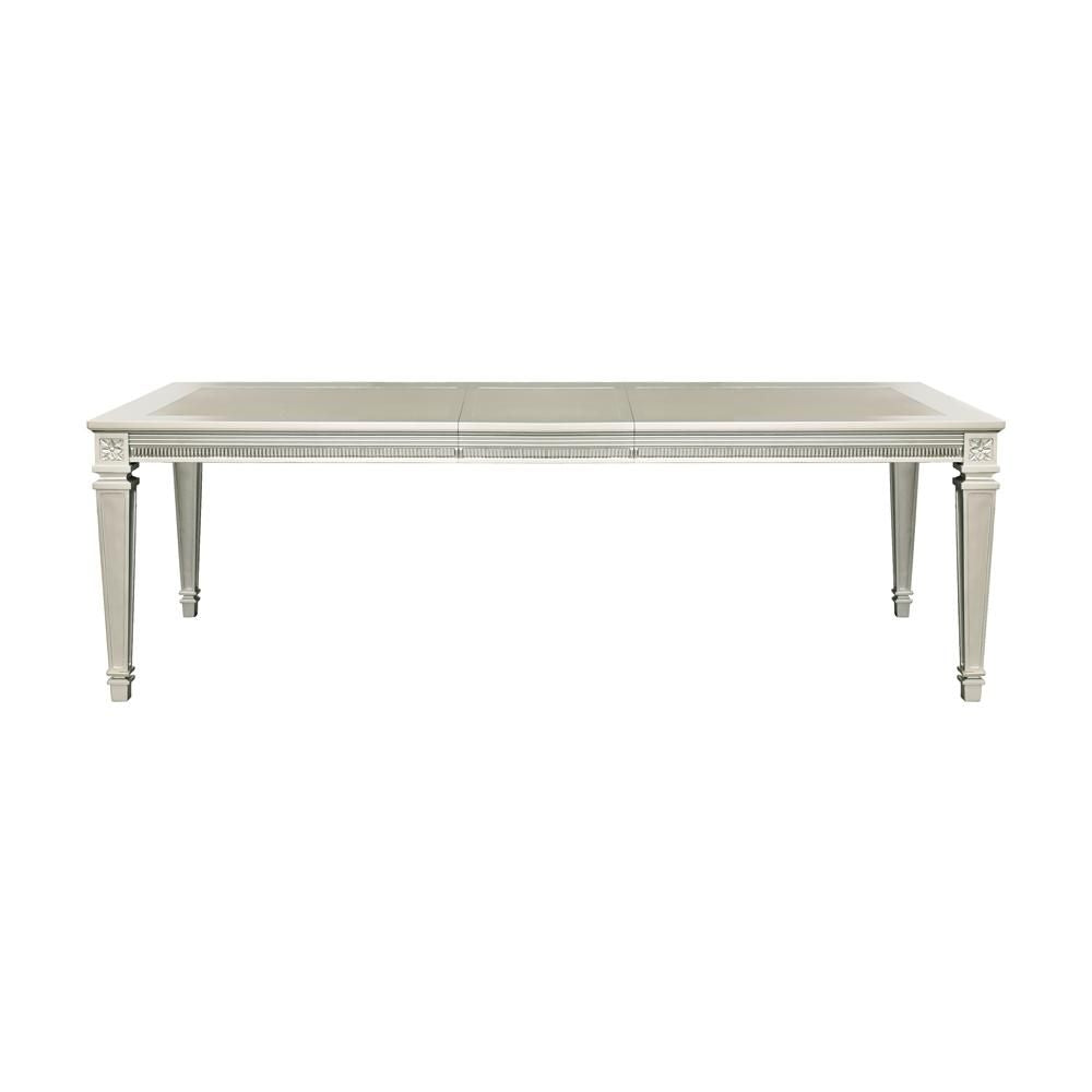 Dining table with extension leaf in silver finish and acrylic inset framing