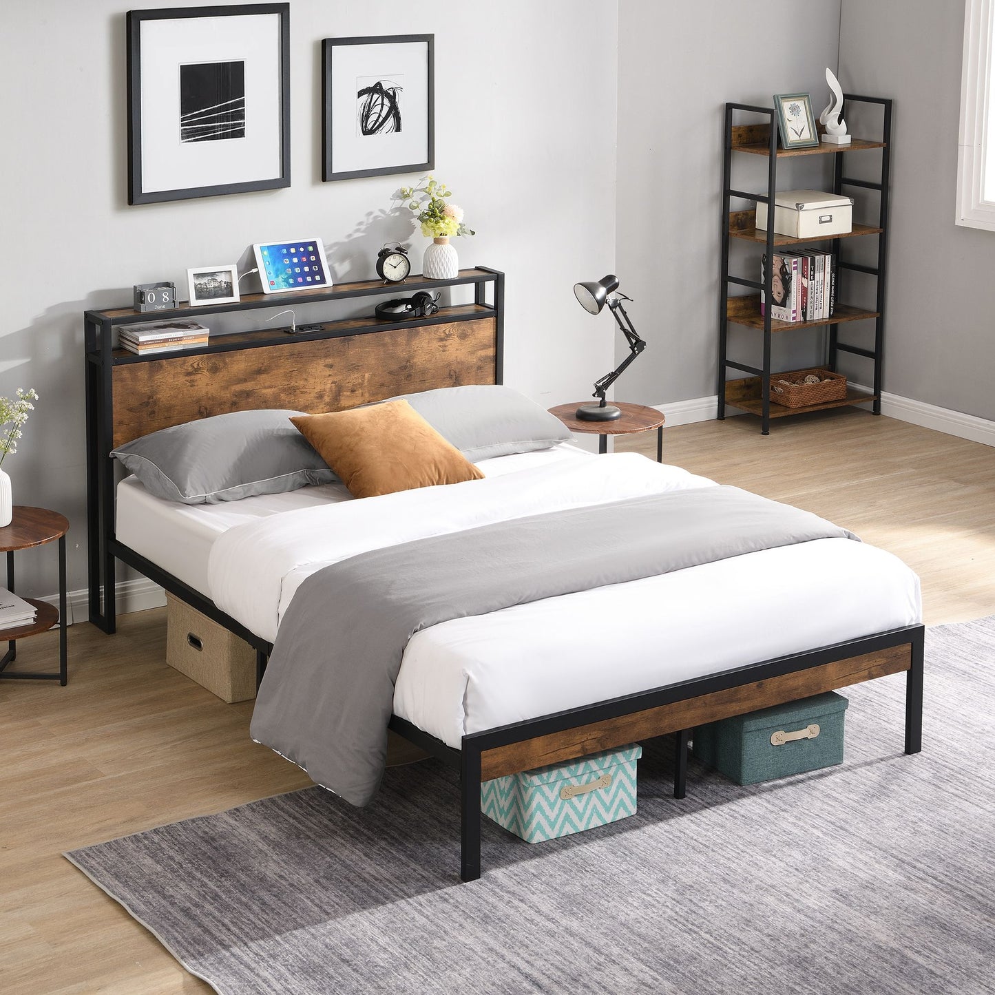 Full-size metal platform bed frame with wooden headboard and footboard in black metal and wood, large under-bed storage