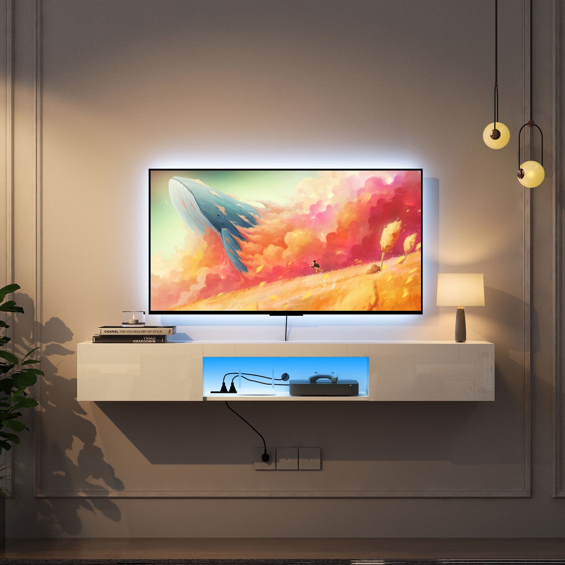 Floating white wall-mounted TV stand with 16-color LED backlighting, 63-inch entertainment cabinet for 55-65 inch TVs