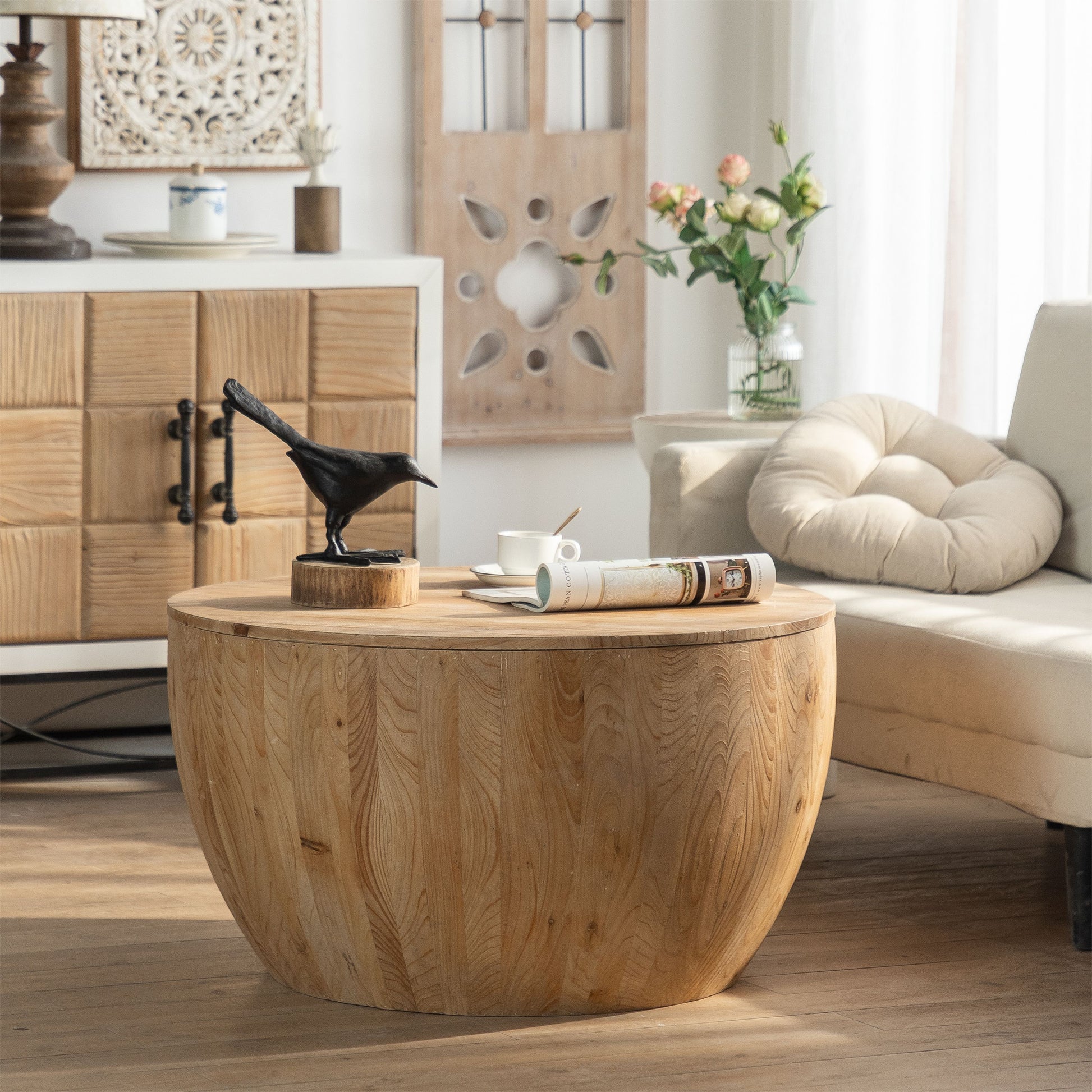 31.50-inch round vintage-style bucket-shaped coffee table in natural wood for living room decor