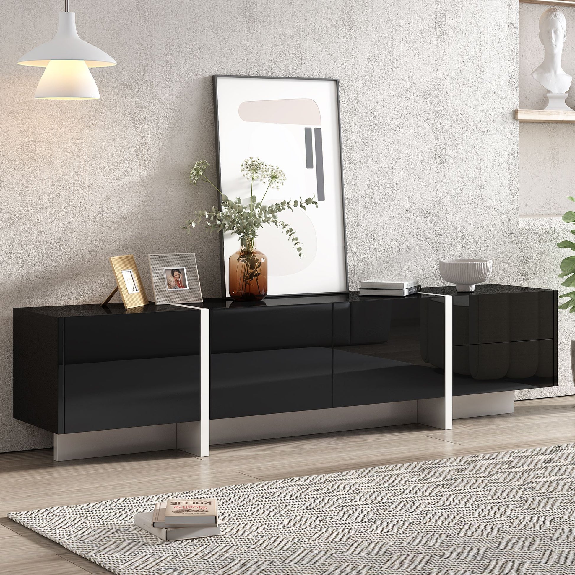 ON-TREND white and black contemporary rectangle TV stand for TVs up to 80 inches