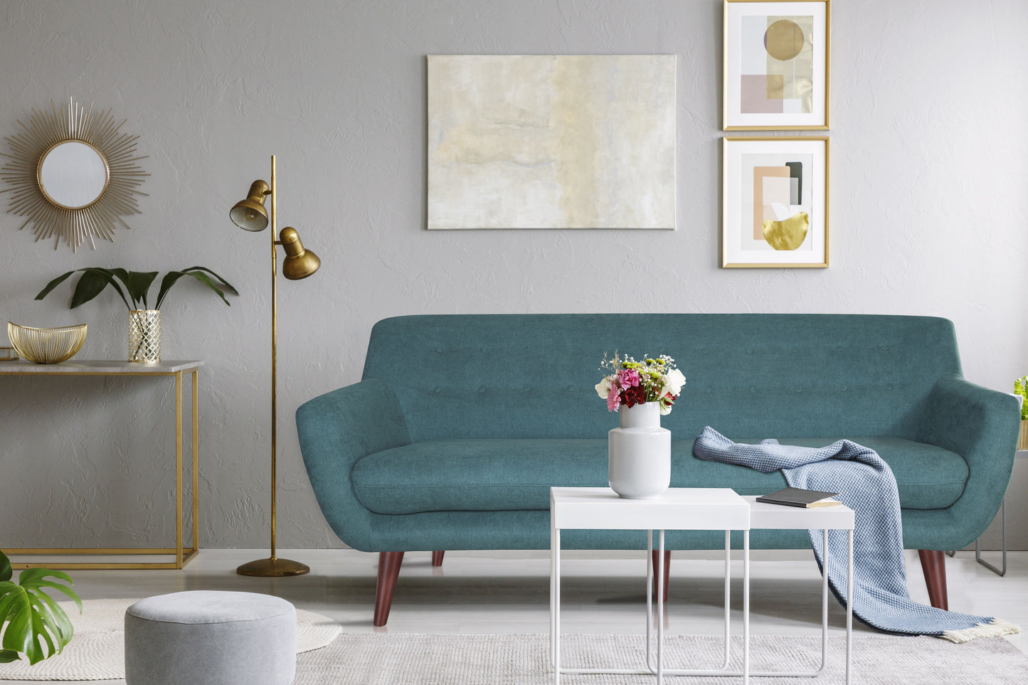 BRENNA SOFA TEAL fabric with button-tufted seat and mid-century wooden legs