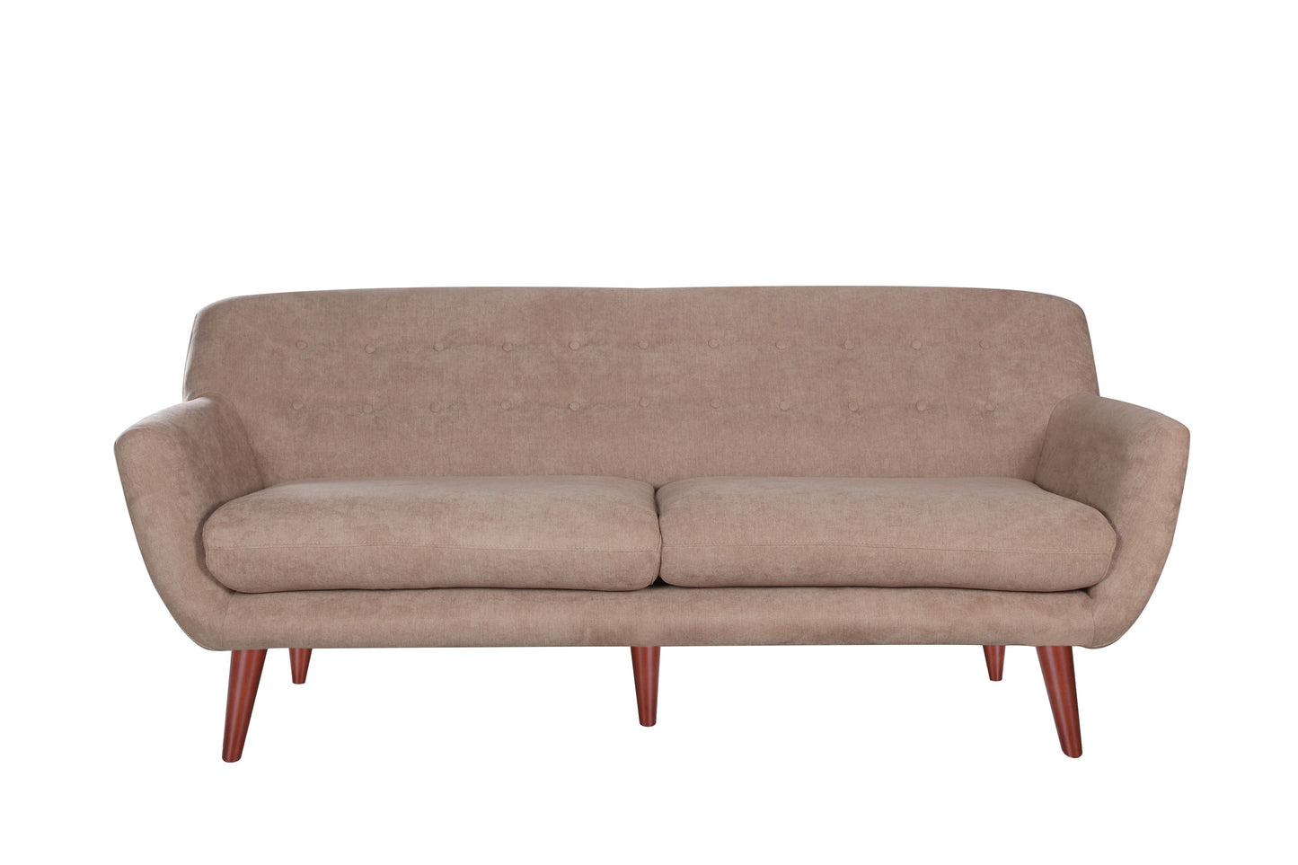 BRENNA sofa, tan fabric with tufted back and wooden legs