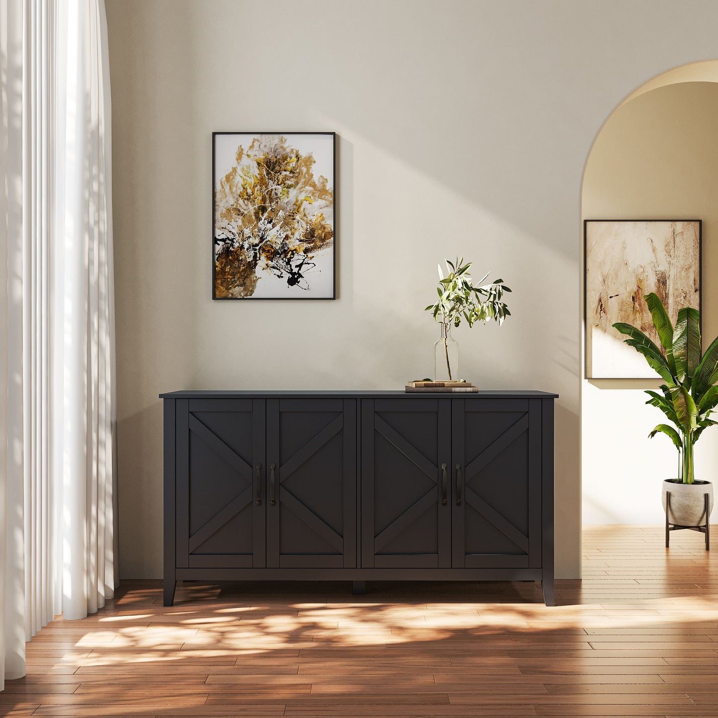 Dark gray storage cabinet with four cross-panel doors for modern living room or office space