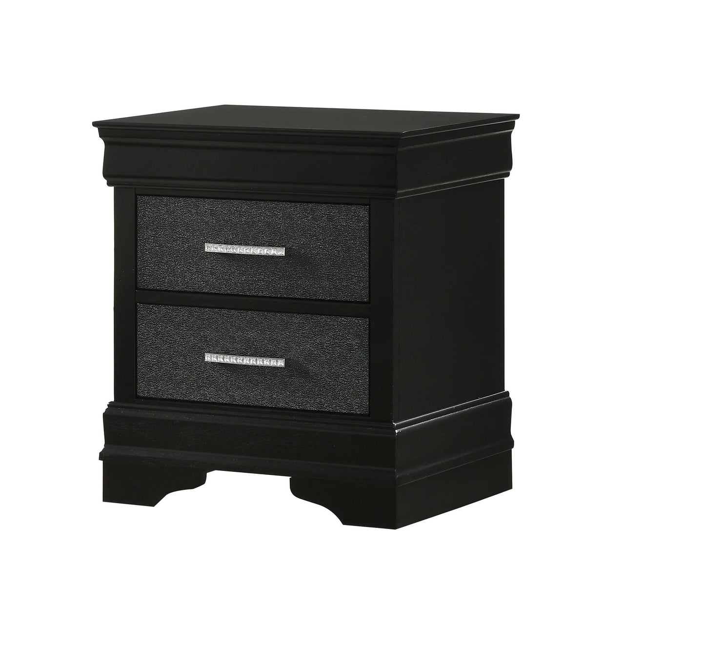 Nightstand, black finish with two drawers, textured front panels and crystal-like bar pulls