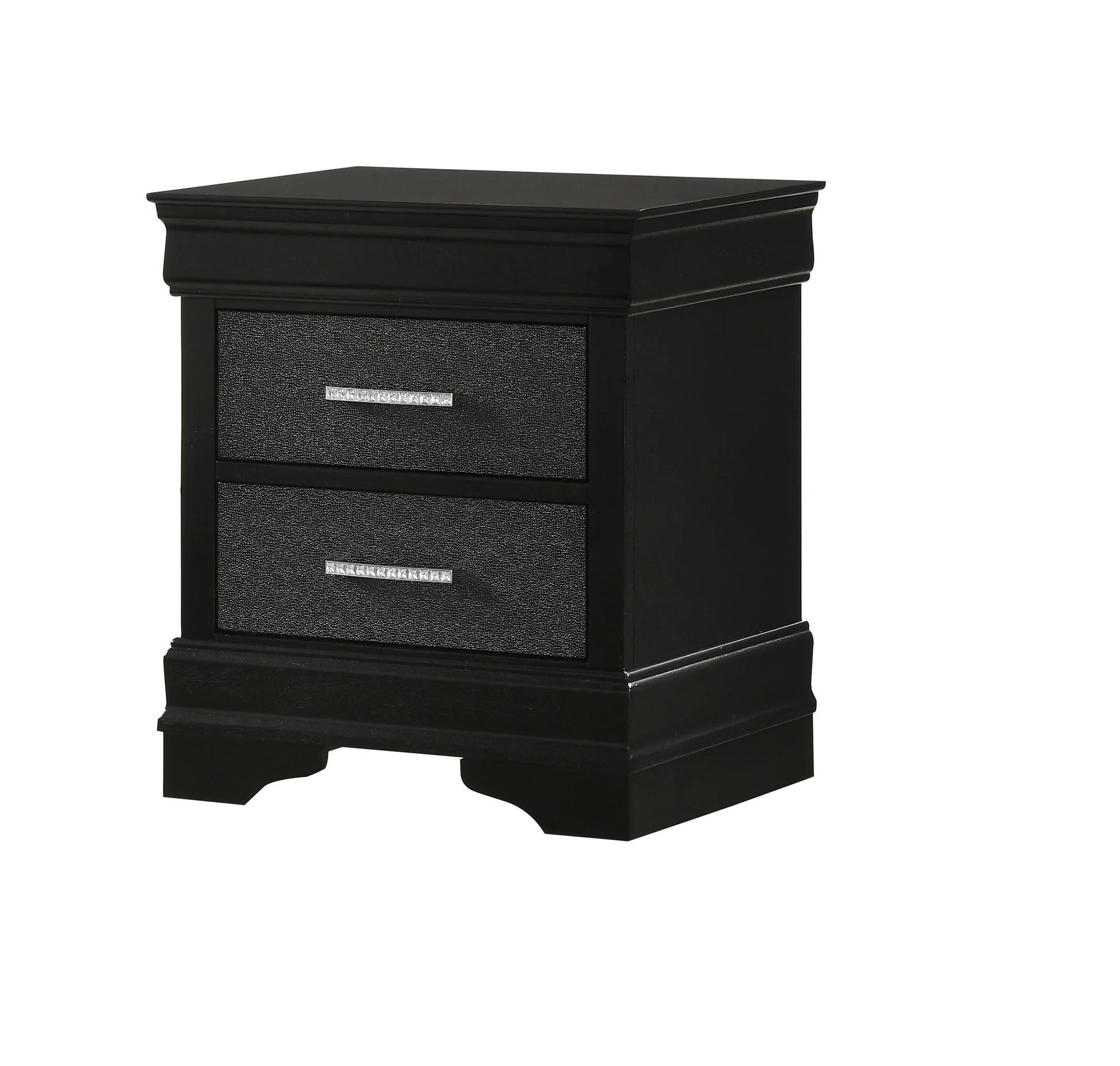 Nightstand, black finish with two drawers, textured front panels and crystal-like bar pulls