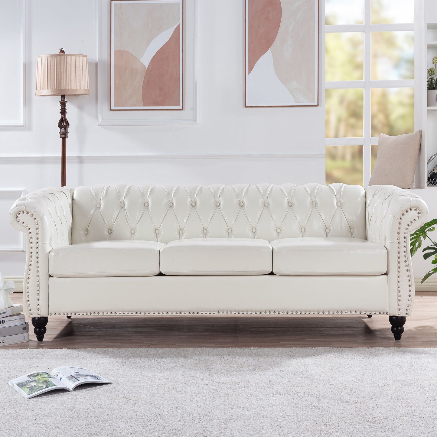 Rolled-arm Chesterfield 3-seater sofa in white leather by Doba, 84.65-inch length.