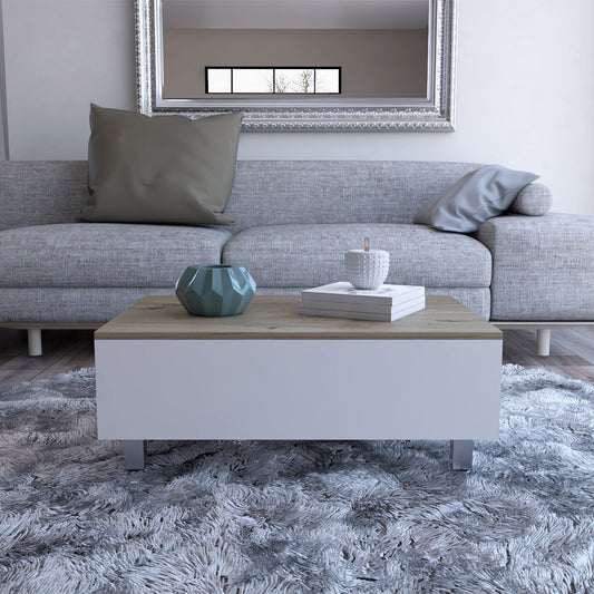 Tilton Rectangle Lift-Top Coffee Table White Oak, light wood top with white base in a modern living room