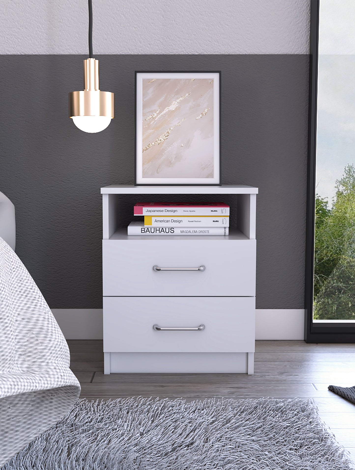 Brookeline 2-Drawer 1-Shelf White Nightstand by Doba with silver handles, framed art, and books