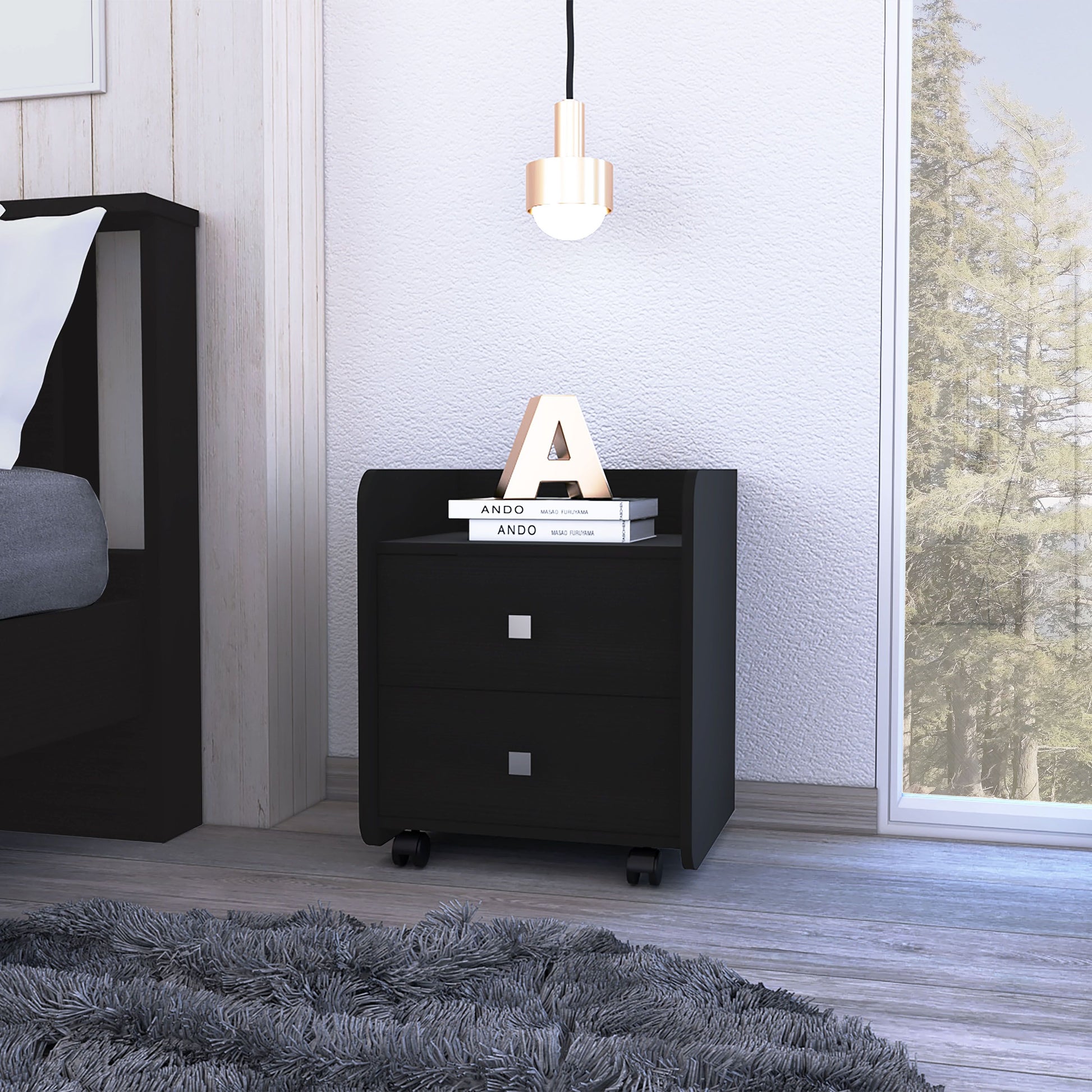 Lakewood nightstand with 1 shelf, 2 drawers, black wengue finish on casters