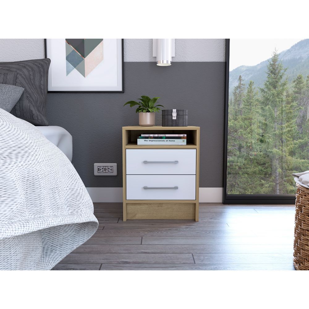 Nightstand, white and light oak finish, 2 drawers and 1 shelf, rectangular bedside table by Doba.