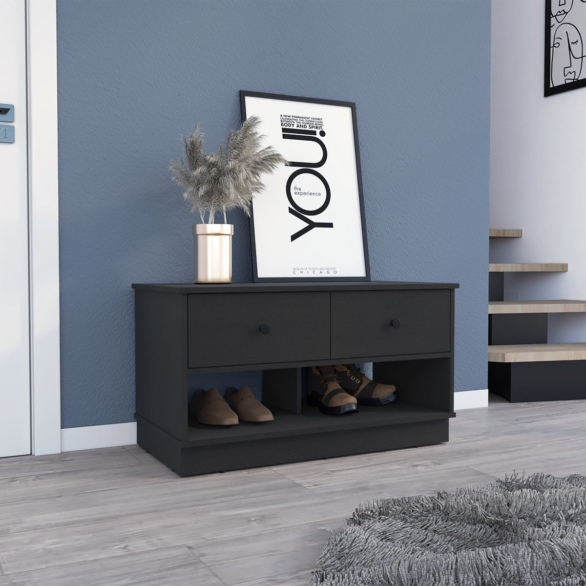 Willamette rectangle 2-shelf 2-drawer storage bench in black wengue, styled with vase and framed art