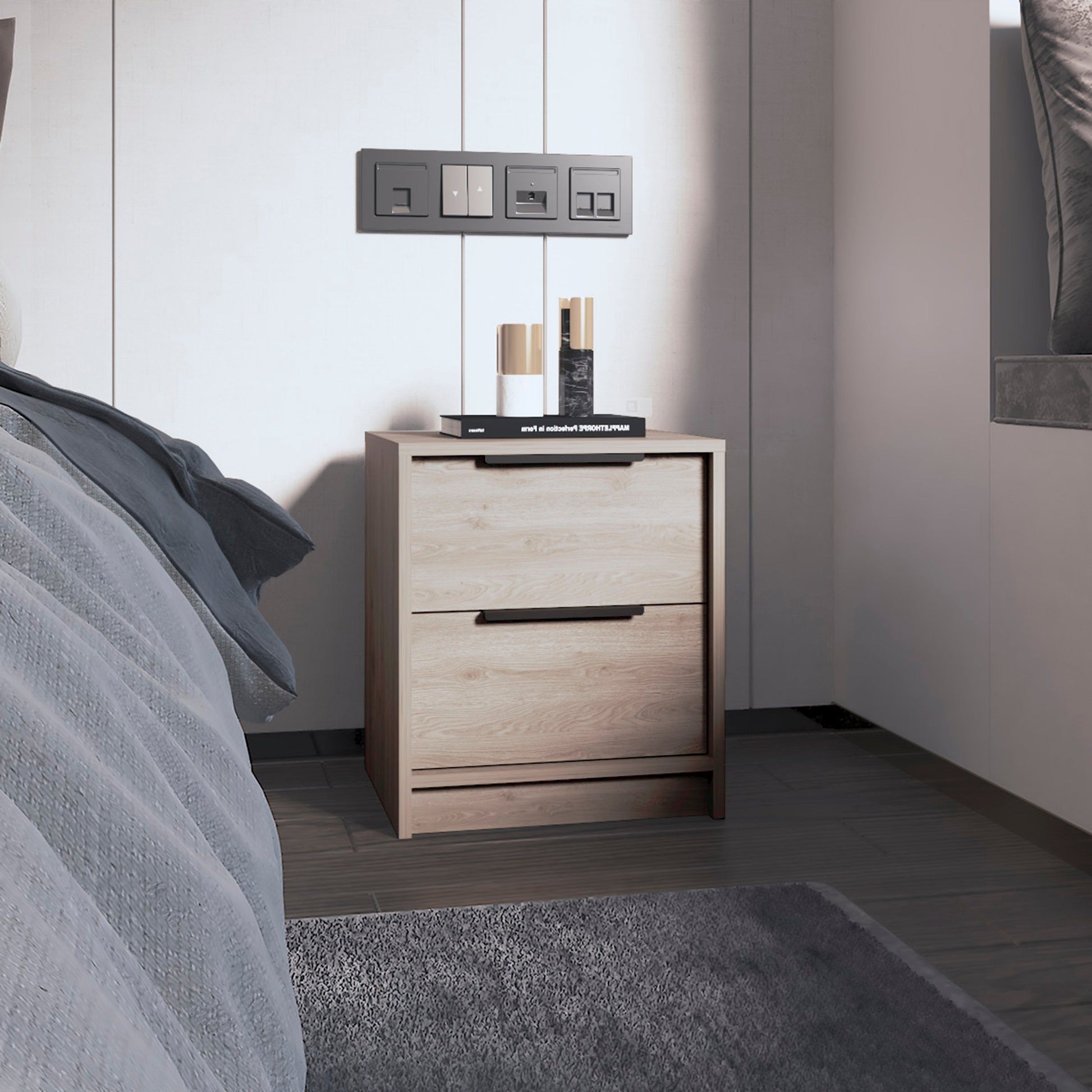 Cannon 2-Drawer Nightstand in light grey finish, bedside table with two drawers.