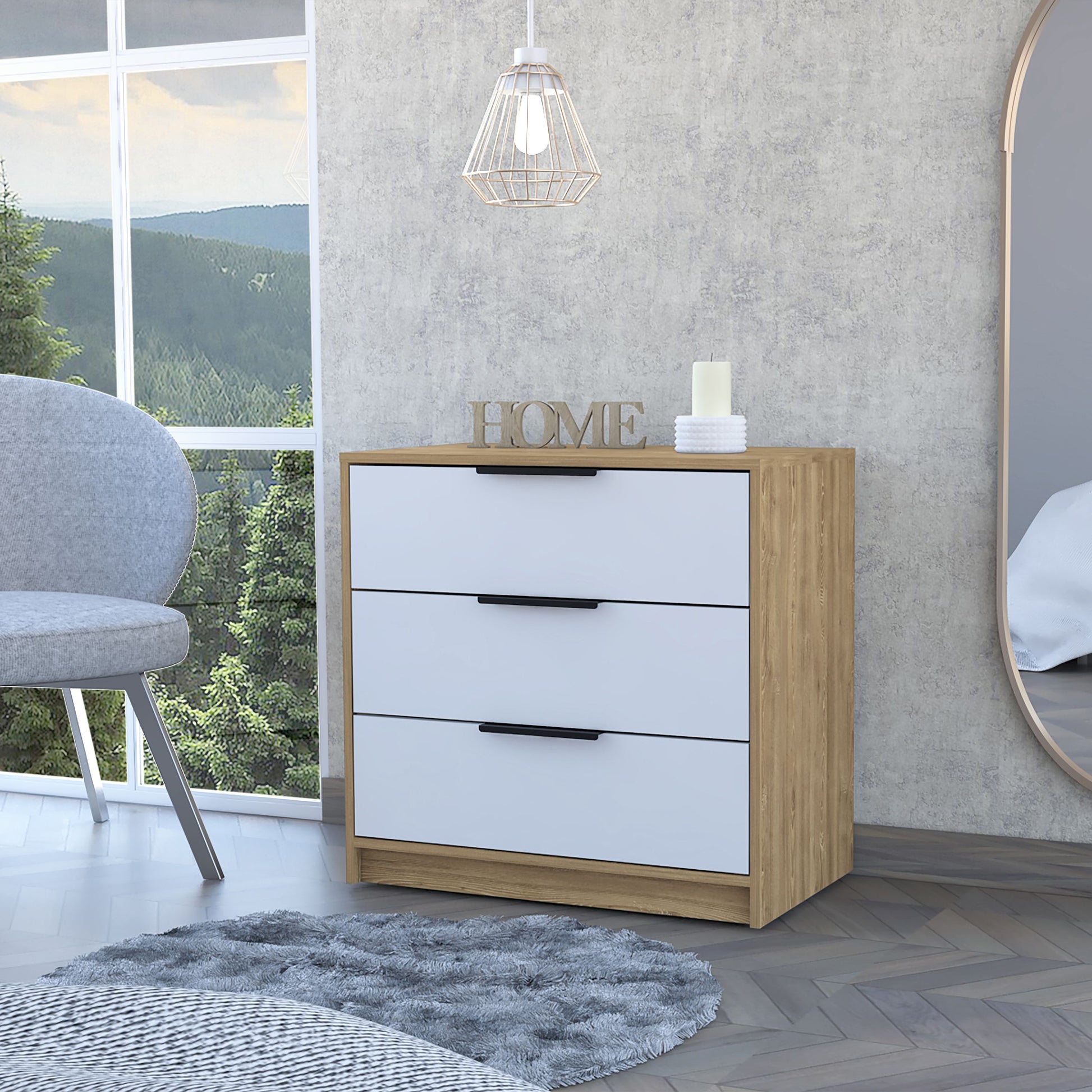 Cannon 3-Drawer Dresser in white and light oak finish, modern living room setup