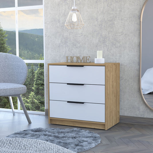Cannon 3-Drawer Dresser in white and light oak finish, modern living room setup