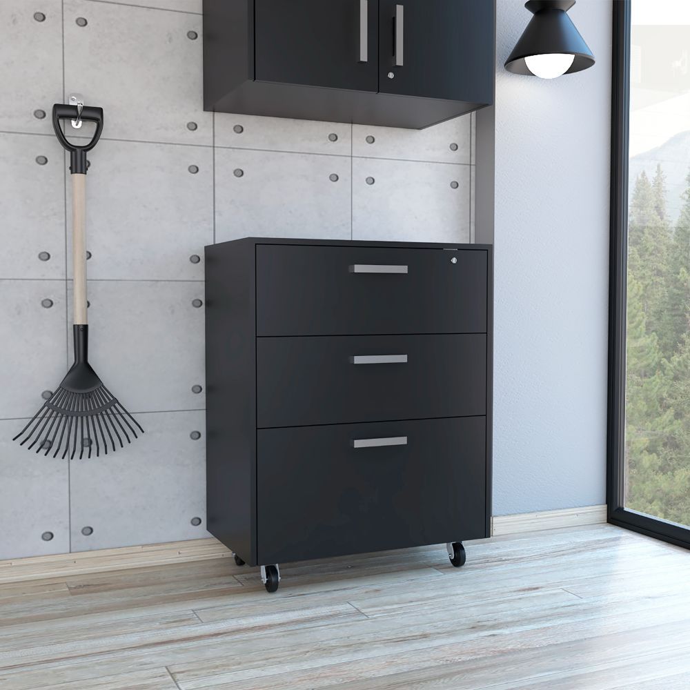 Medford 3-drawer rectangle chest with casters in black wengue finish, metal handles on wheels for a modern workspace.