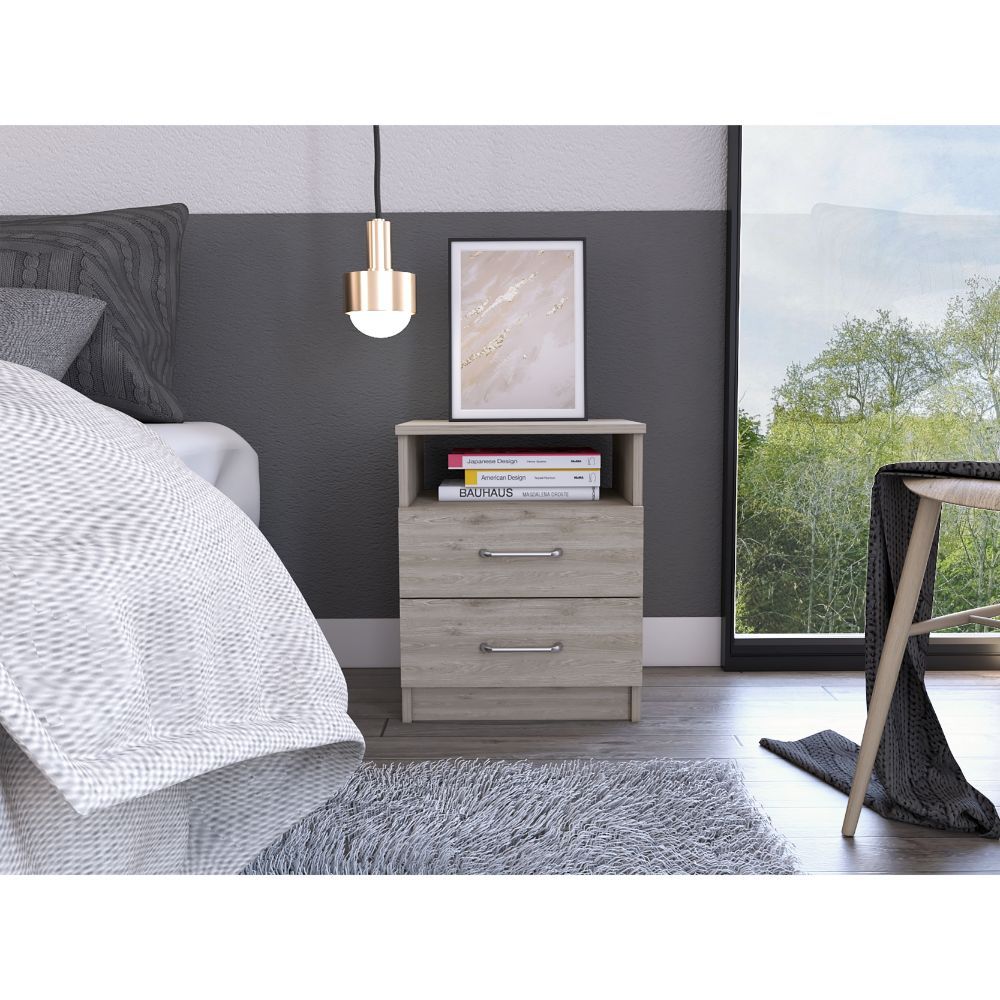 Brookeline nightstand with two drawers and an open shelf in a light grey wood finish