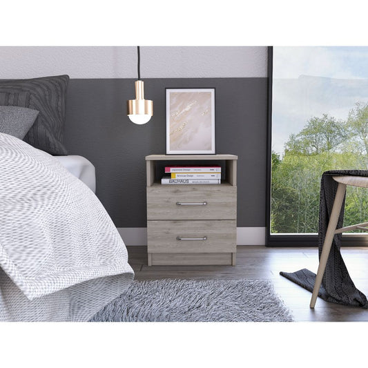 Brookeline nightstand with two drawers and an open shelf in a light grey wood finish