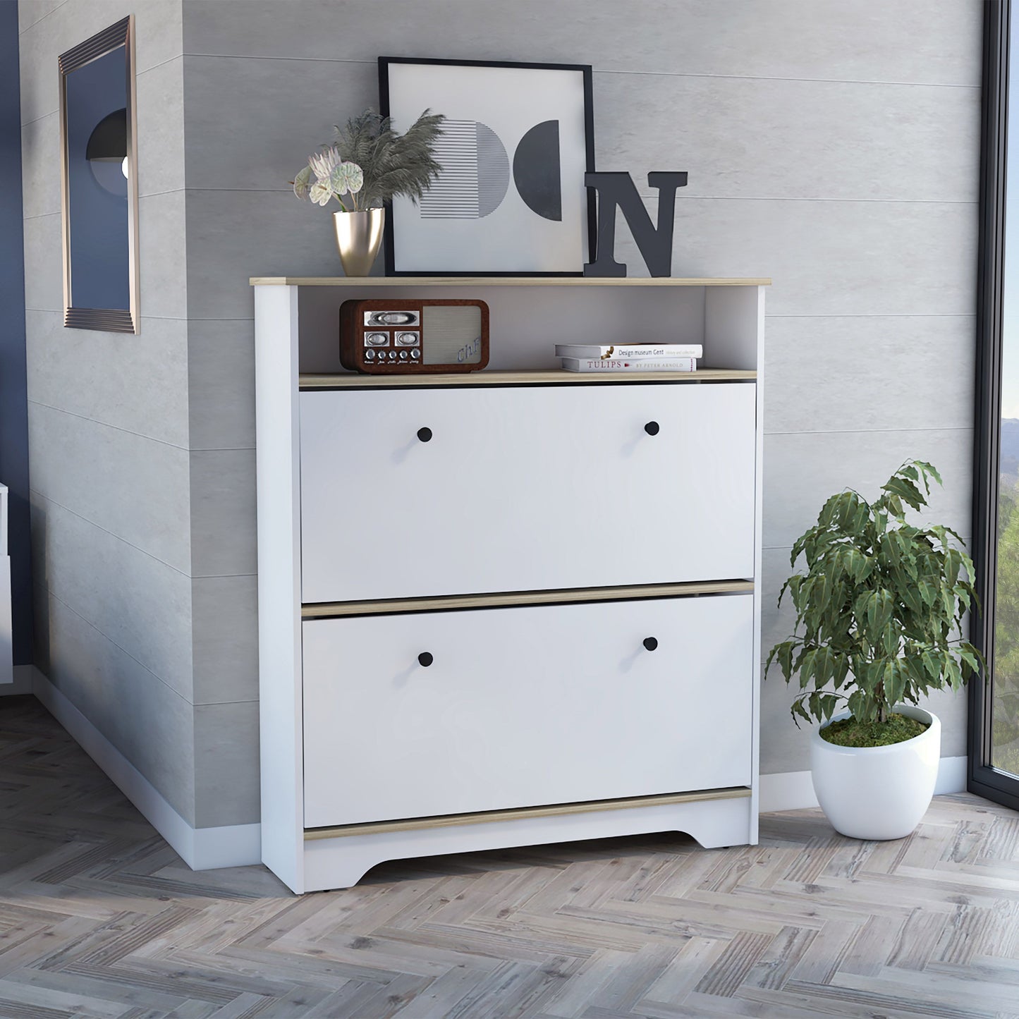 Cranbery 2-Shelf Shoe Rack in light oak and white with two drawers