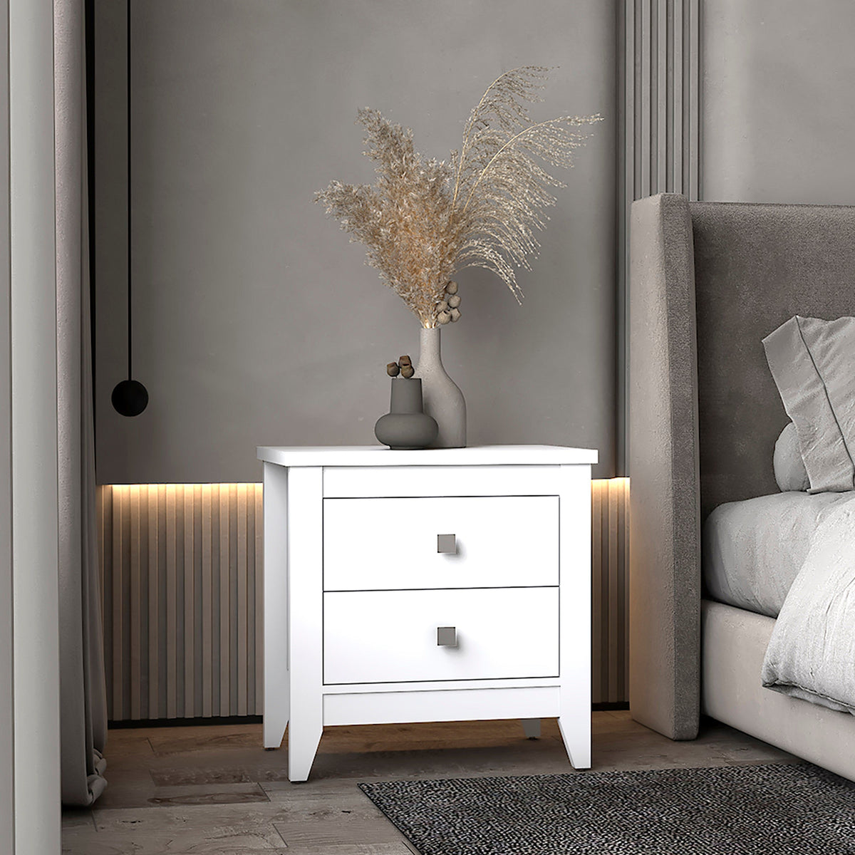 Windsor 2-Drawer Nightstand, white with square pulls, by Doba, in a gray contemporary bedroom