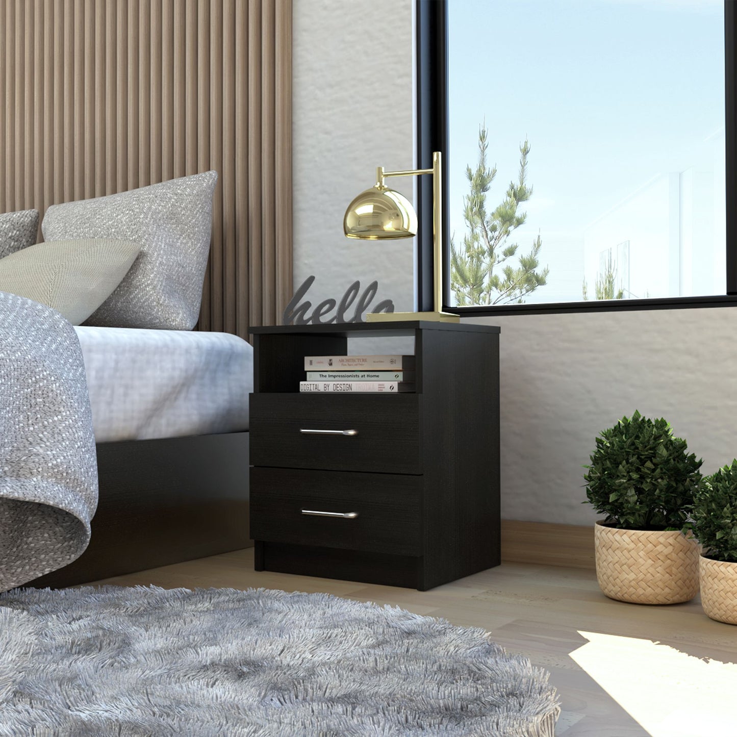 Brookeline nightstand in black wengue finish with a 2-drawer 1-shelf design and a brass lamp on top
